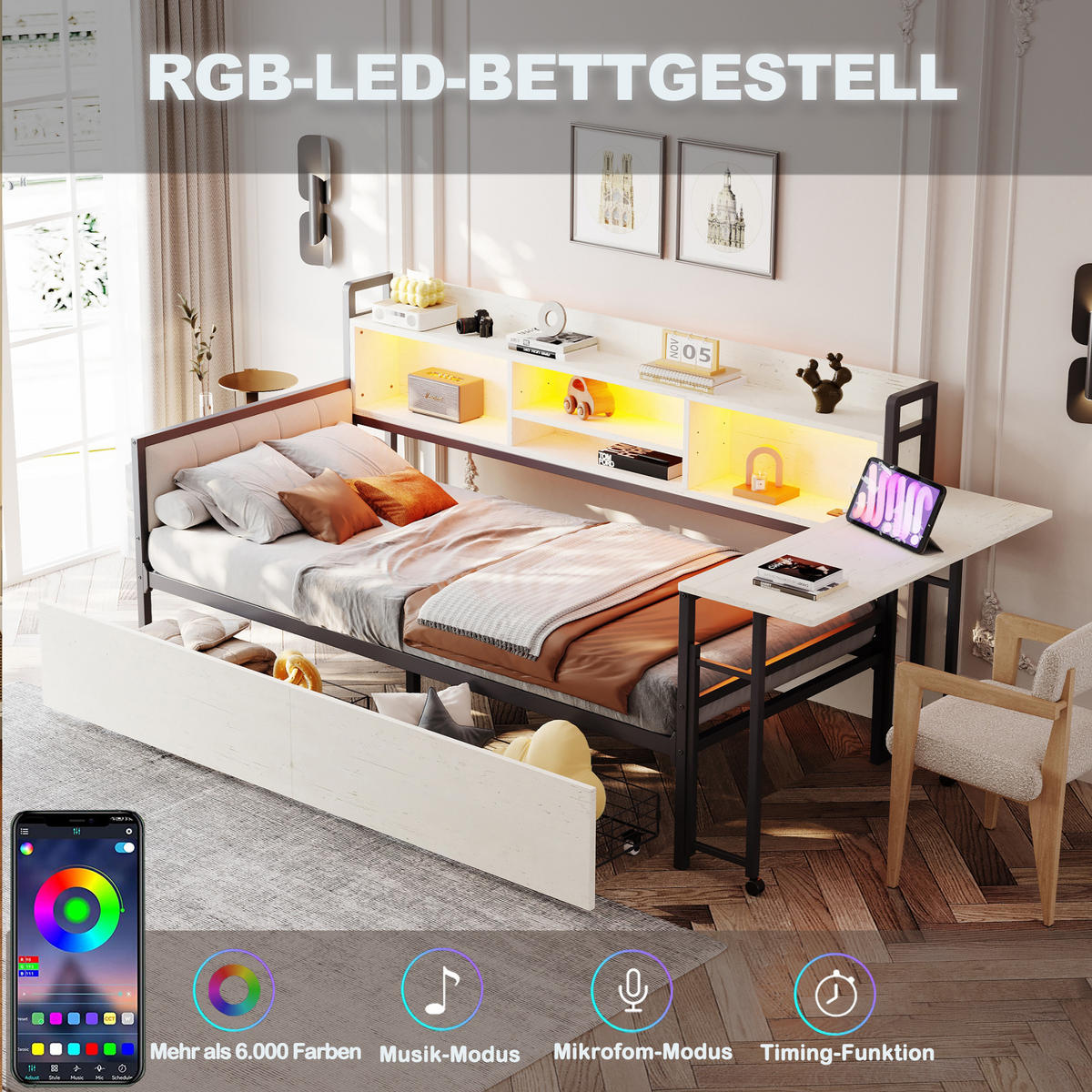 POLSTERBETT 90x200 cm LED USB Schreibtisch weiß - Weiß, Metall (90/200cm) - Fortuna Lai