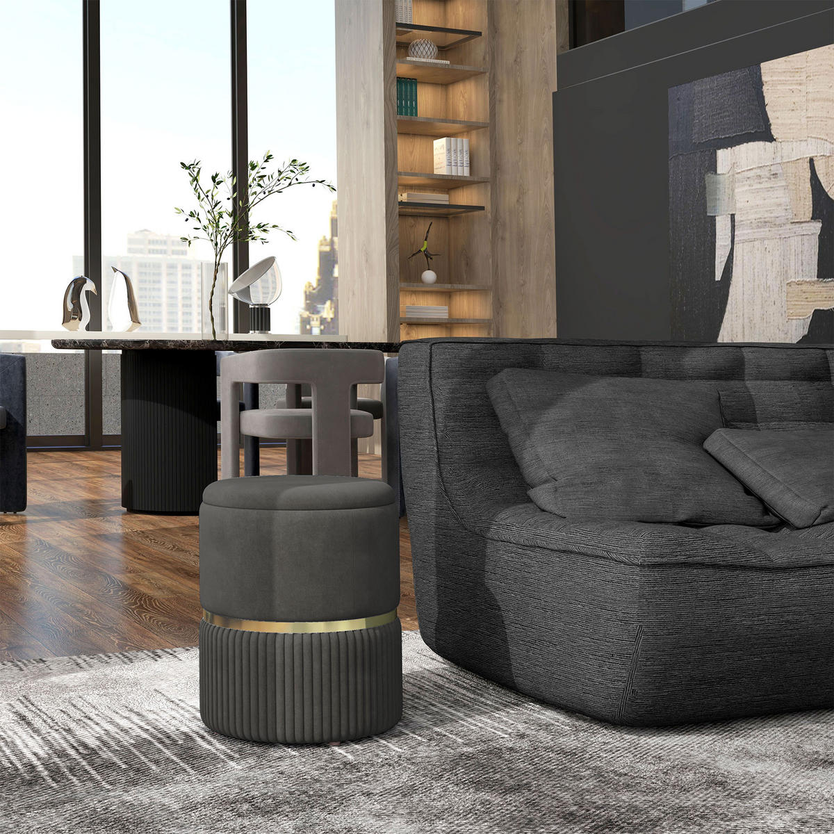 POUF DE-16379 mit Stauraum und Rippenvelours Grau - Grau, Textil (36/44/36cm) - ComfortXL