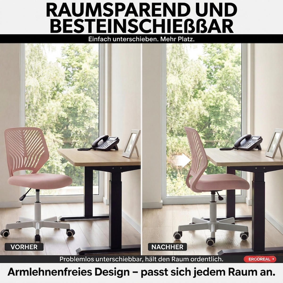 DREHSTUHL Rosa mit Rollen und Höhenverstellung - Rosa, Kunststoff (47/87/44cm) - Oxeza