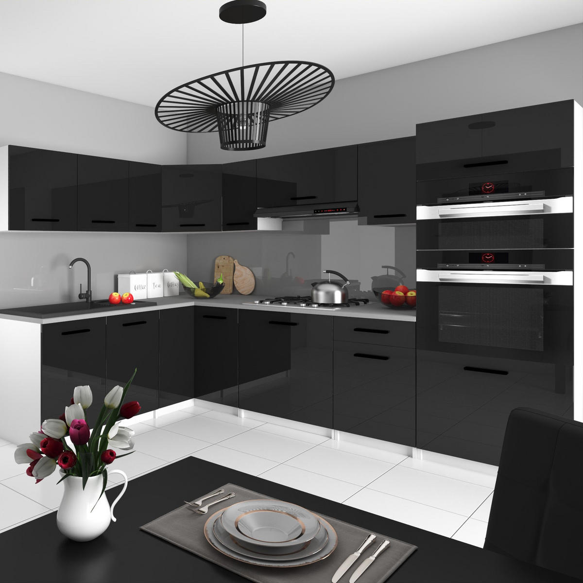 KÜCHENZEILE Italia 8 420 cm , mit Arbeitsplatten, Schwarz - Schwarz, Holz (420/143/60cm) - B BELINI GROUP