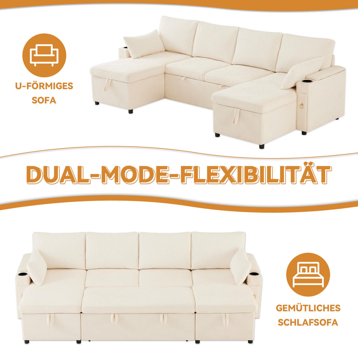 SCHLAFSOFA U-Form mit Getränkehalter und Stauraum, Beige - Beige, Textil (272/84/131cm)