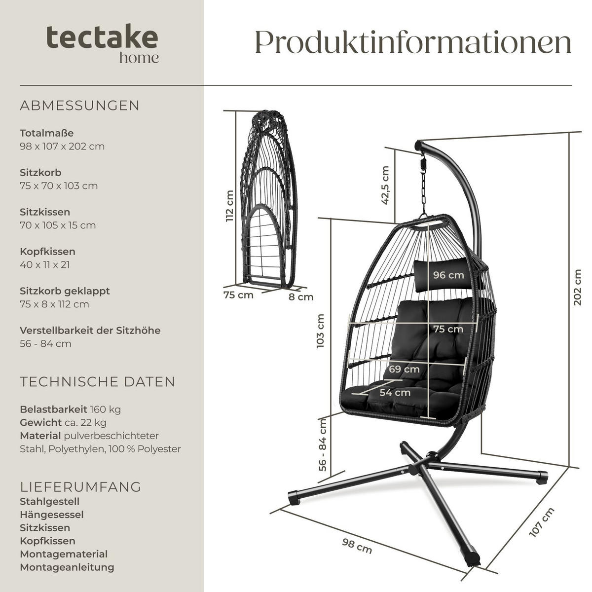 HÄNGESESSEL Ariane, inklusive Schutzhülle, 98 x 107 x 202 cm, schwarz - Schwarz, Kunststoff/Textil (98/202/107cm) - tectake