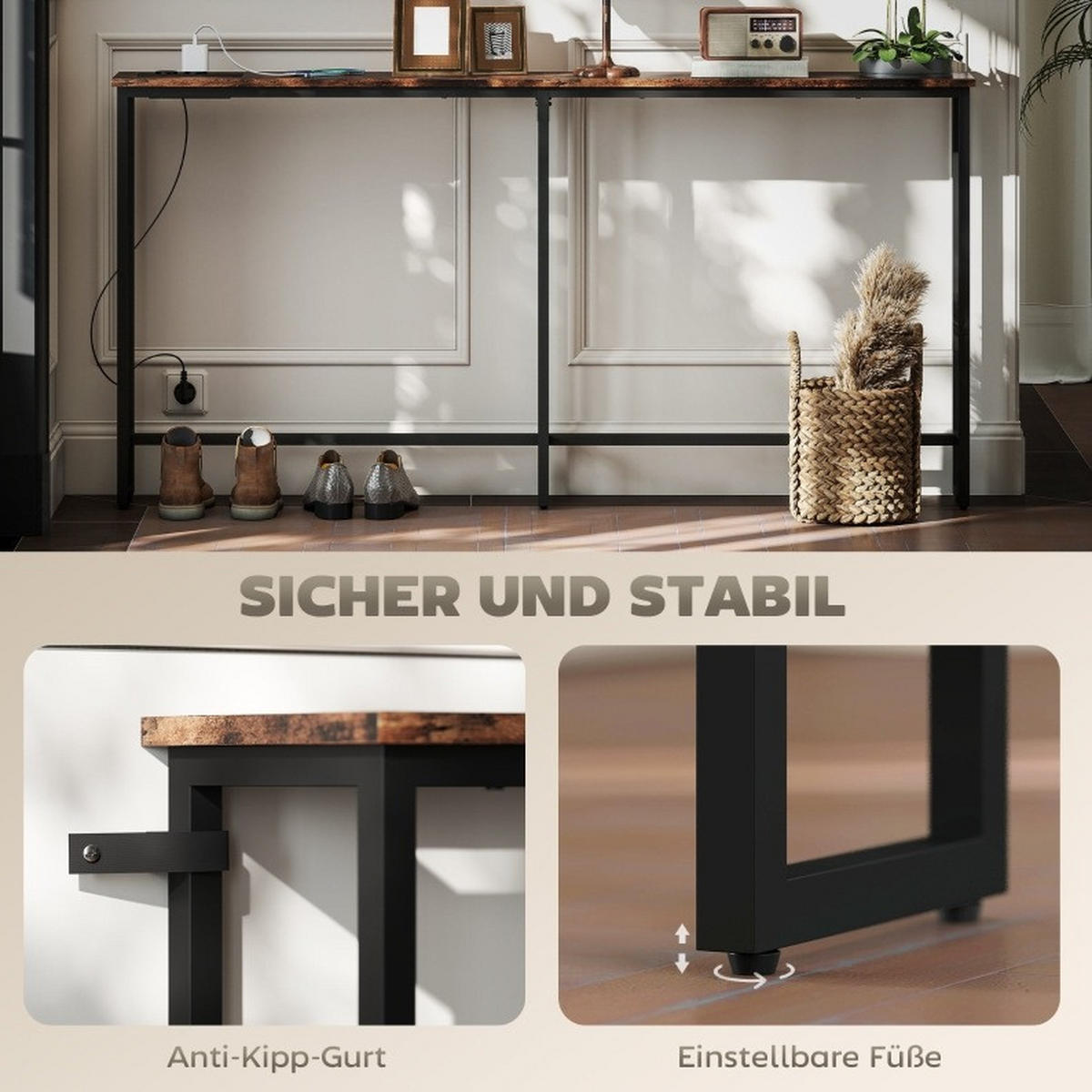 KONSOLENTISCH 160/20/80 cm braun aus Holz mit integrierter Ladestation - Braun, Holz (160/20/80cm) - OKWISH