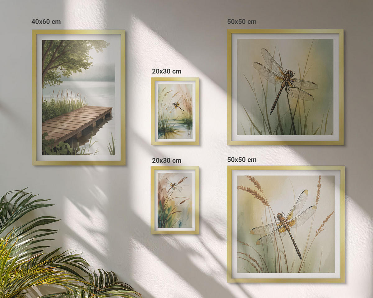 BILDER SET 5er Set - 50x50 cm & 20x30 cm & 40x60 cm Goldrahmen - Libellengräser über dem Wasser - Goldfarben, Kunststoff (40/60cm) - TULUP