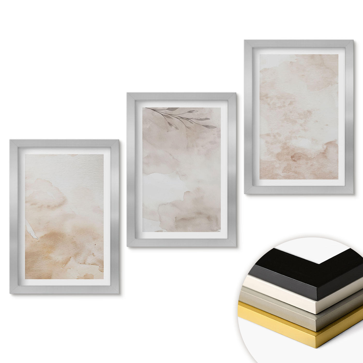 WANDBILDER 3er Set - 20x30 cm Silberner Rahmen - Aquarell-Pastellblätter - Silberfarben, Kunststoff (20/30cm) - ArtPrintCave
