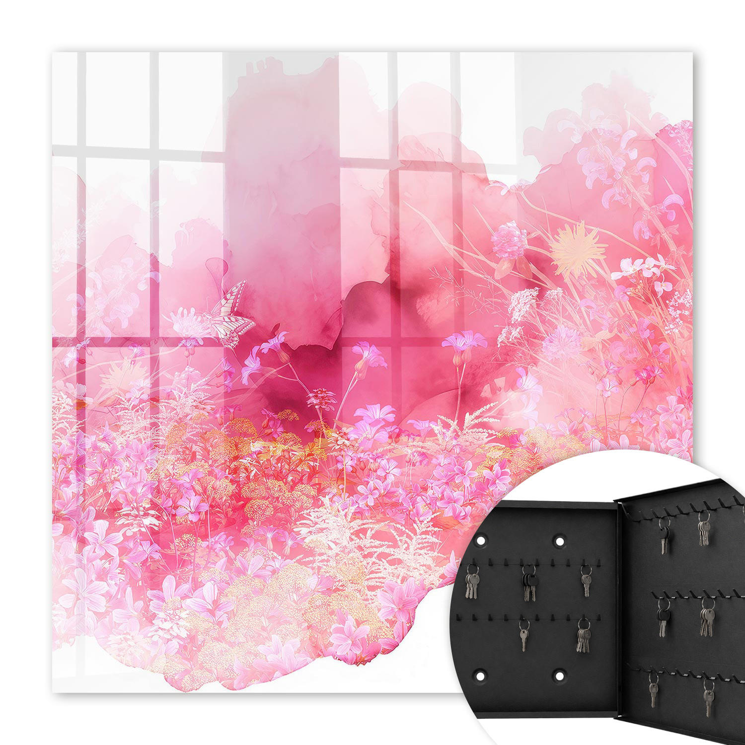 SCHLÜSSELBOX Schwarz 30x30 cm- Türöffnung nach rechts - Blumenlandschaft - Pink, Metall (30/30/5cm) - TULUP