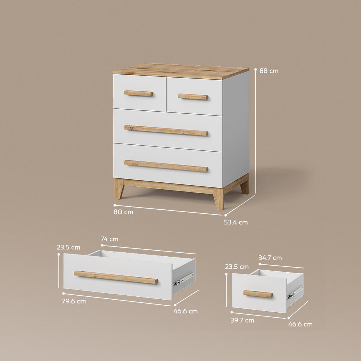 KOMMODE Mailo Weiß/Artisan 80 x 88 cm mit 4 Schubladen - Weiß/Eiche Artisan, Holzwerkstoff (80/88/53.4cm) - Livinity®