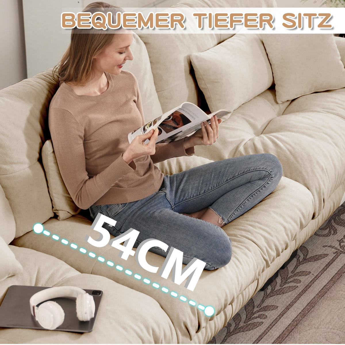 ECKSOFA 406/145/81 cm Hellbraun mit beweglichem Ottoman - Braun, Textil (406/145cm) - Oxeza