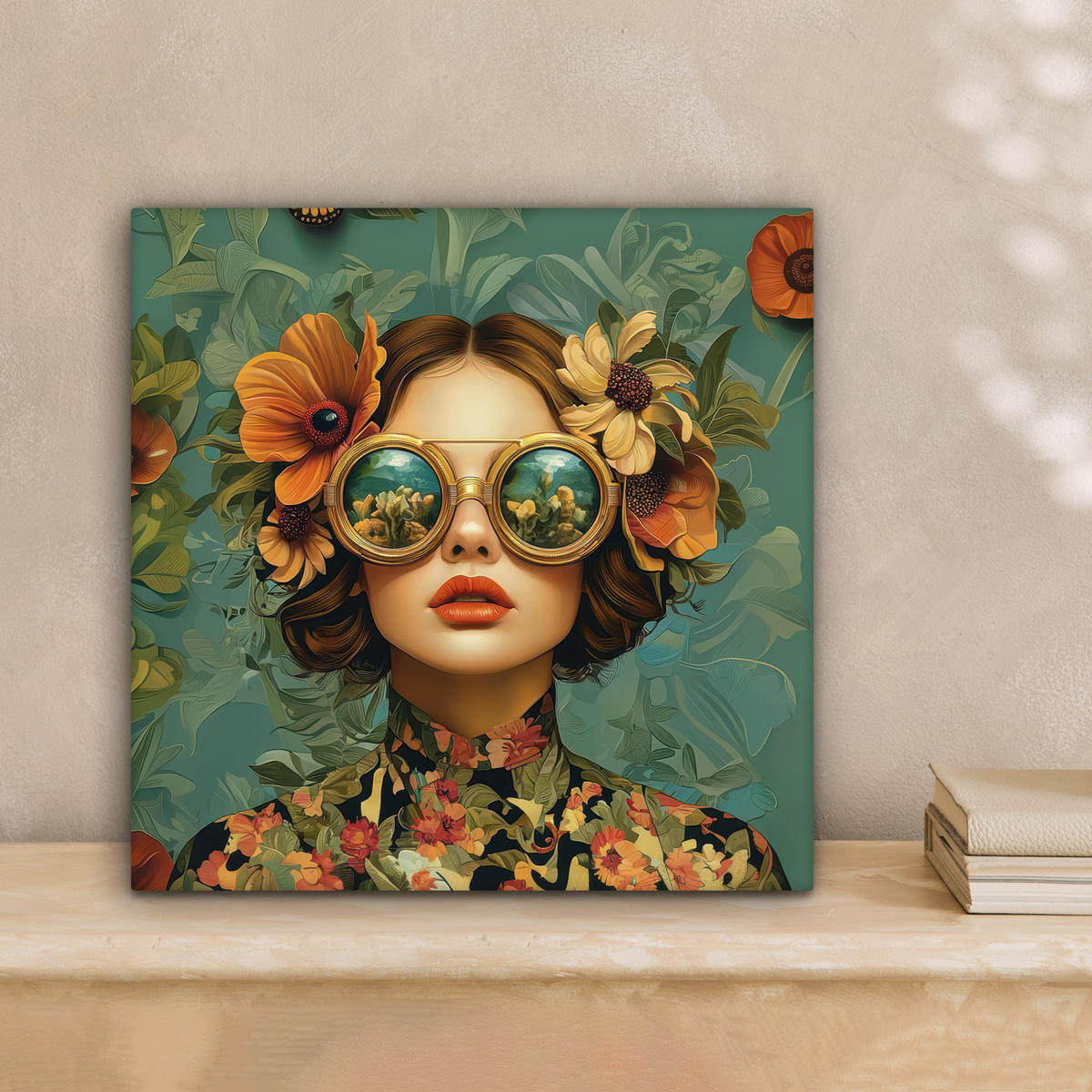 LEINWANDBILD Frau - Blumen - Schmetterlinge - Natur - Vintage Deko Wohnzimmer 20x20 cm - Salbeigrün, Textil (20/20cm) - MuchoWow