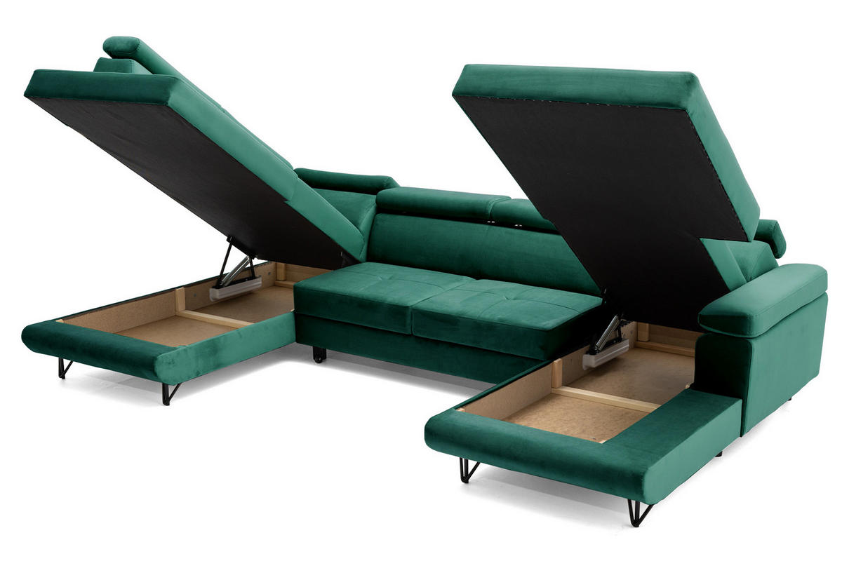 ECKSOFA U-Form JUNIOR U Links mit Schlaffunktion 128x254 Velours Dunkelgrün - Dunkelgrün/Schwarz, Holz/Textil (323/90/184cm) - Muffo