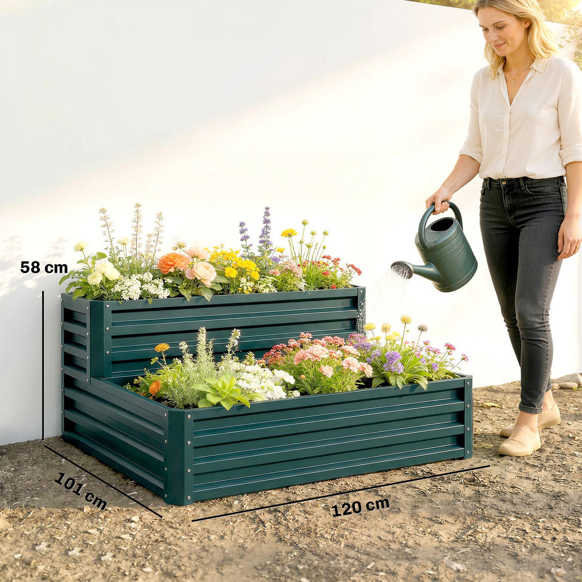 HOCHBEET DE-12202 2-stufig, offener Boden, 120/101/58 cm Grün - Grün, Metall (120/58/101cm) - ComfortXL