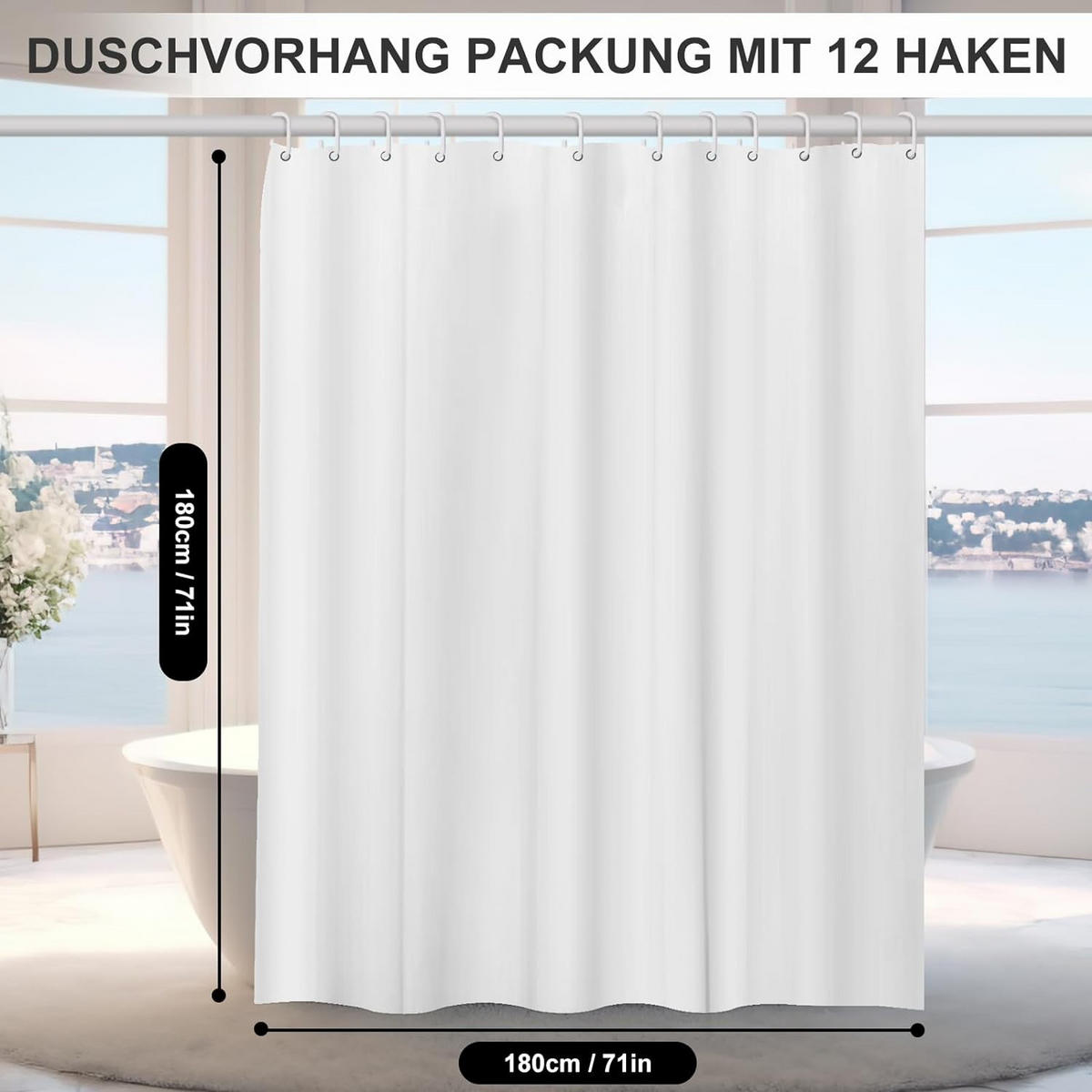 DUSCHVORHANG Weiß transparent schimmelresistent waschbar mit Ringen - Weiß, Kunststoff (180/180cm) - MCBOSON