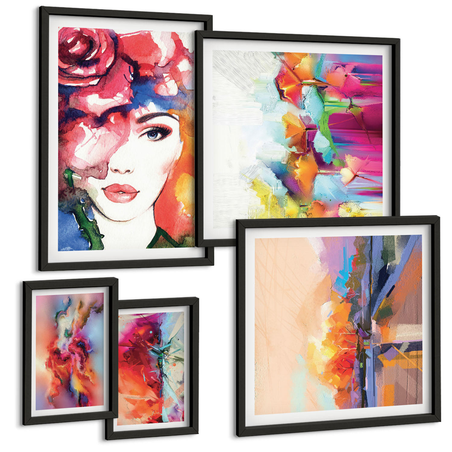 BILDER SET 5er Set - 50x50 cm & 20x30 cm & 40x60 cm Schwarzer Rahmen - Italienische Flüsse, Hügel, Straße - Schwarz, Kunststoff (40/60cm) - TULUP