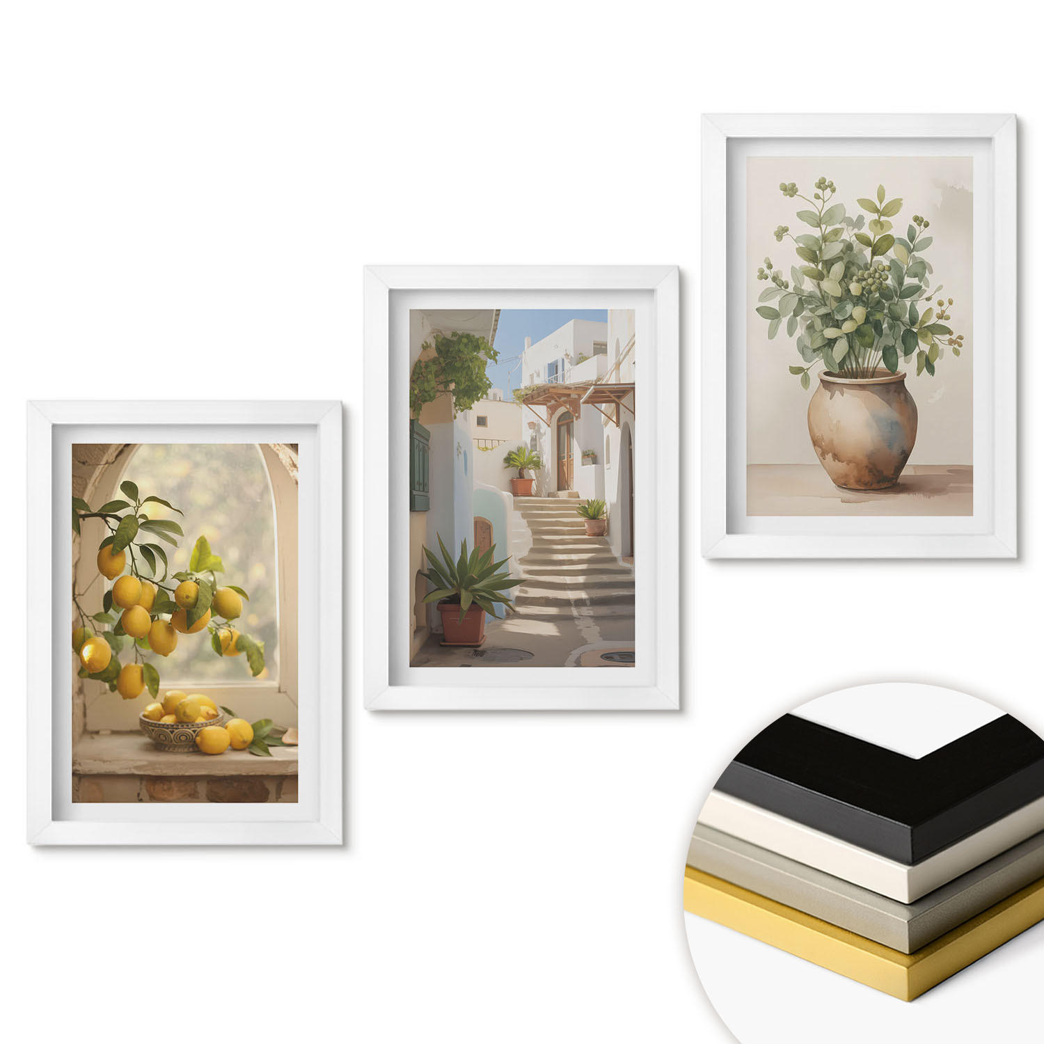 WANDBILDER 3er-Set - 20x30 cm Weißer Rahmen - Zitronen in einer Pflanzenvase - Weiß, Kunststoff (20/30cm) - ArtPrintCave