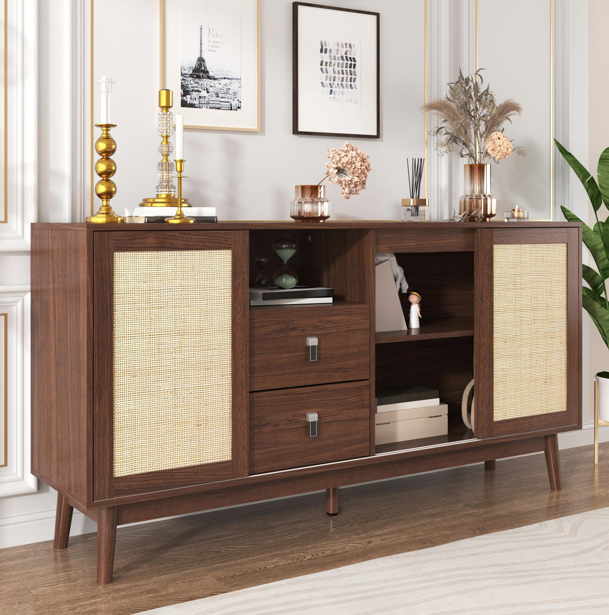 SIDEBOARD mit 3 Schiebetüren und 2 Schubladen 155 x 38 x 80 cm dunkles Holz - Dunkelbraun, Holzwerkstoff (155/80/38cm) - Meubliv