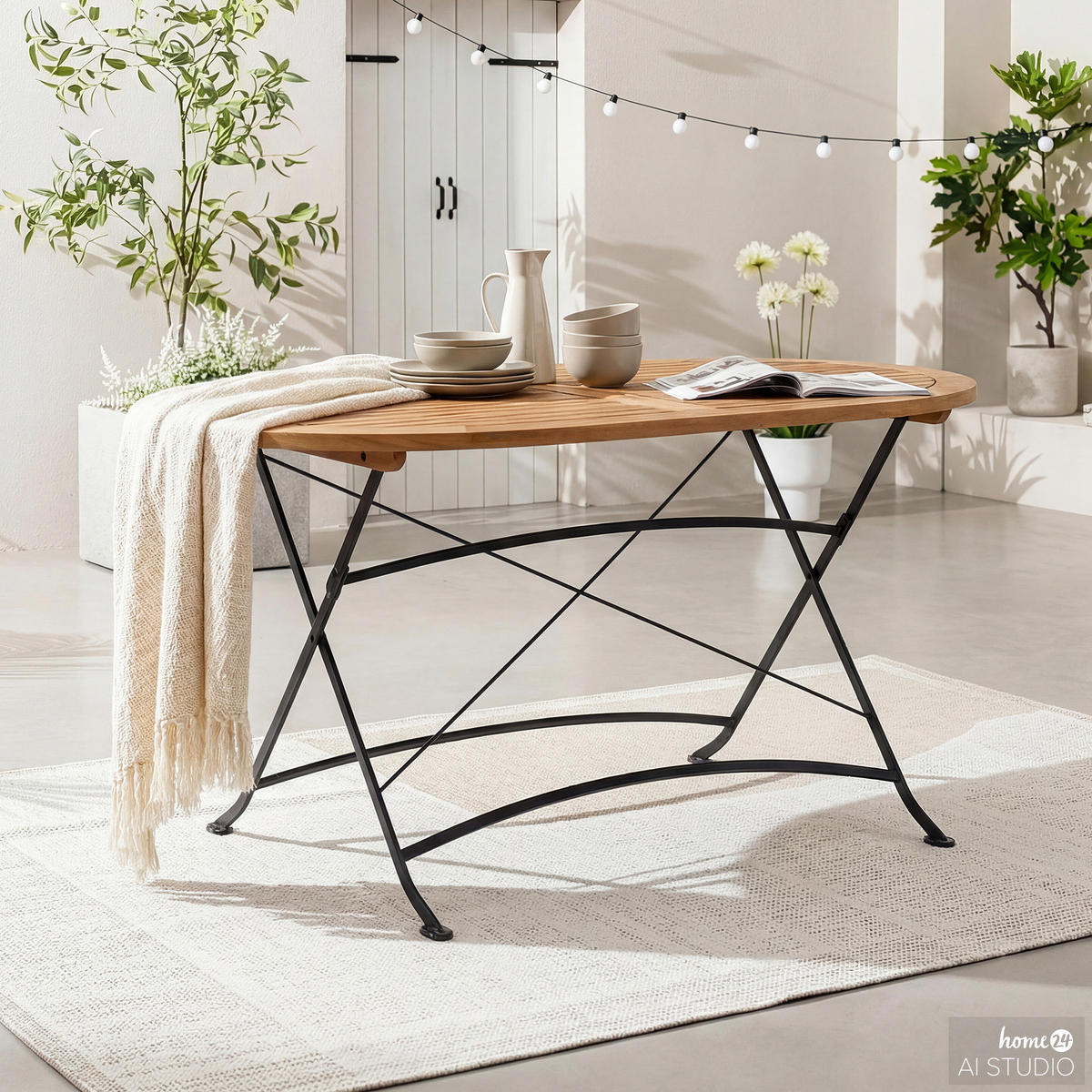 GARTENTISCH OVAL - Akazie massiv / Stahl - Braun / Schwarz - Schwarz/Braun, Holz/Metall (90/140/75cm) - home24