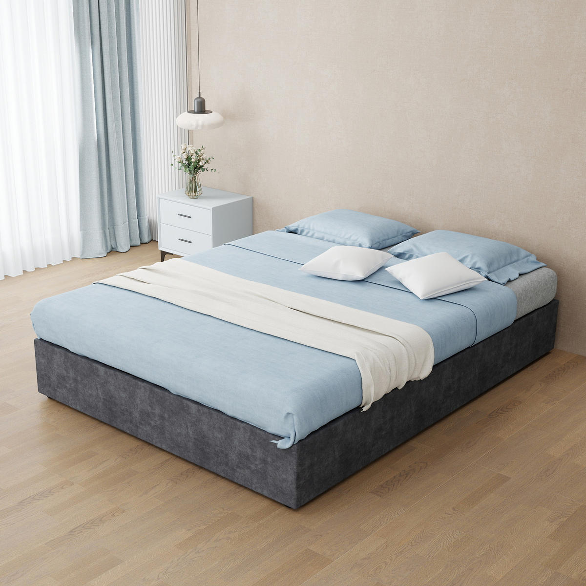POLSTERBETT 140/200 cm in Grau Stoff mit Kopfteil und geometrischem Design - Grau, Holzwerkstoff/Textil (140/200cm) - STILVORA