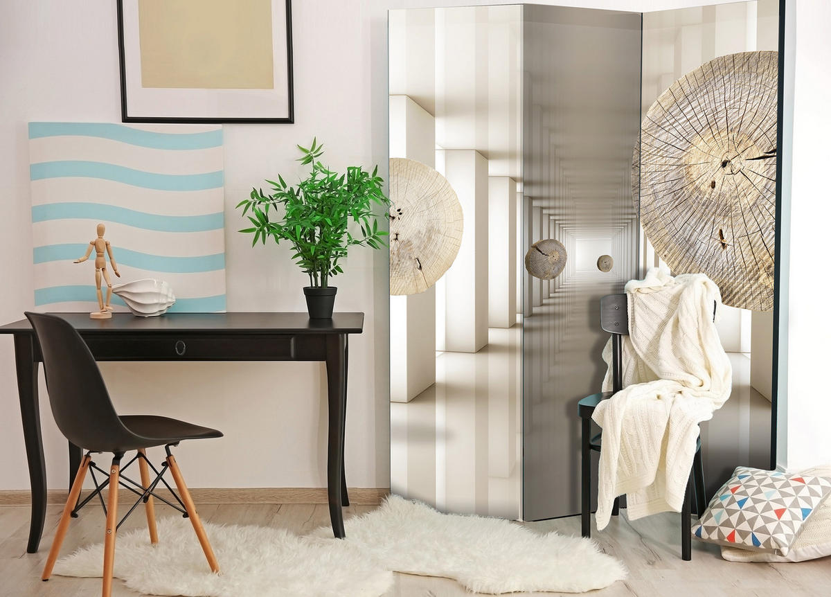 PARAVENT Beidseitig Bedruckter 3-tlg 135x172 cm Holz Tunnel 3D Abstraktion - Beige, Holz/Textil (135/172/3cm) - Muralo