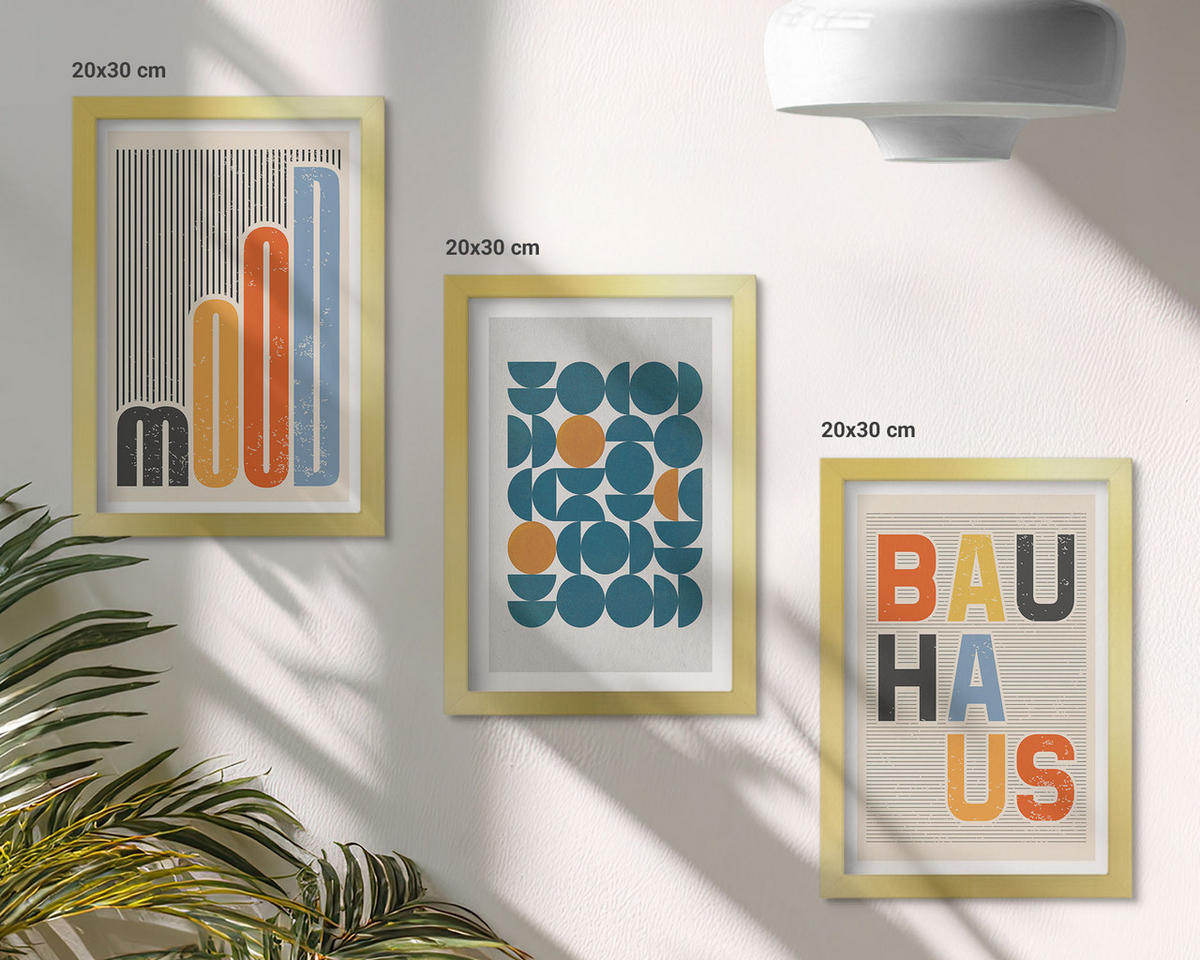 WANDBILDER 3er Set - 20x30 cm Goldrahmen - Geometrische Muster im Bauhaus-Stil - Goldfarben, Kunststoff (20/30cm) - ArtPrintCave