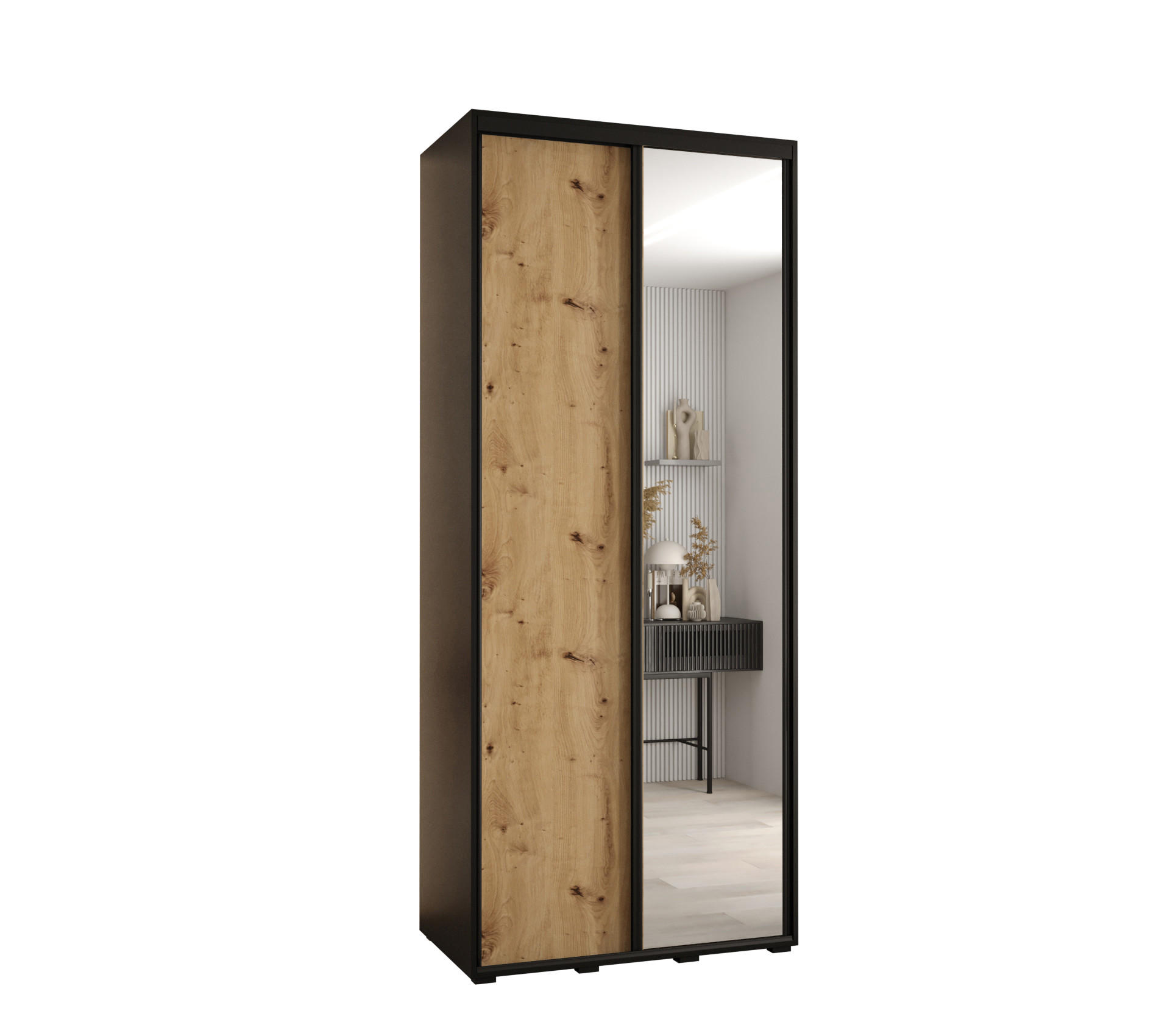 Abiks Möbel Schwebetürenschrank Schwarz, Eiche Artisan, Schwarz 110x235x45 cm