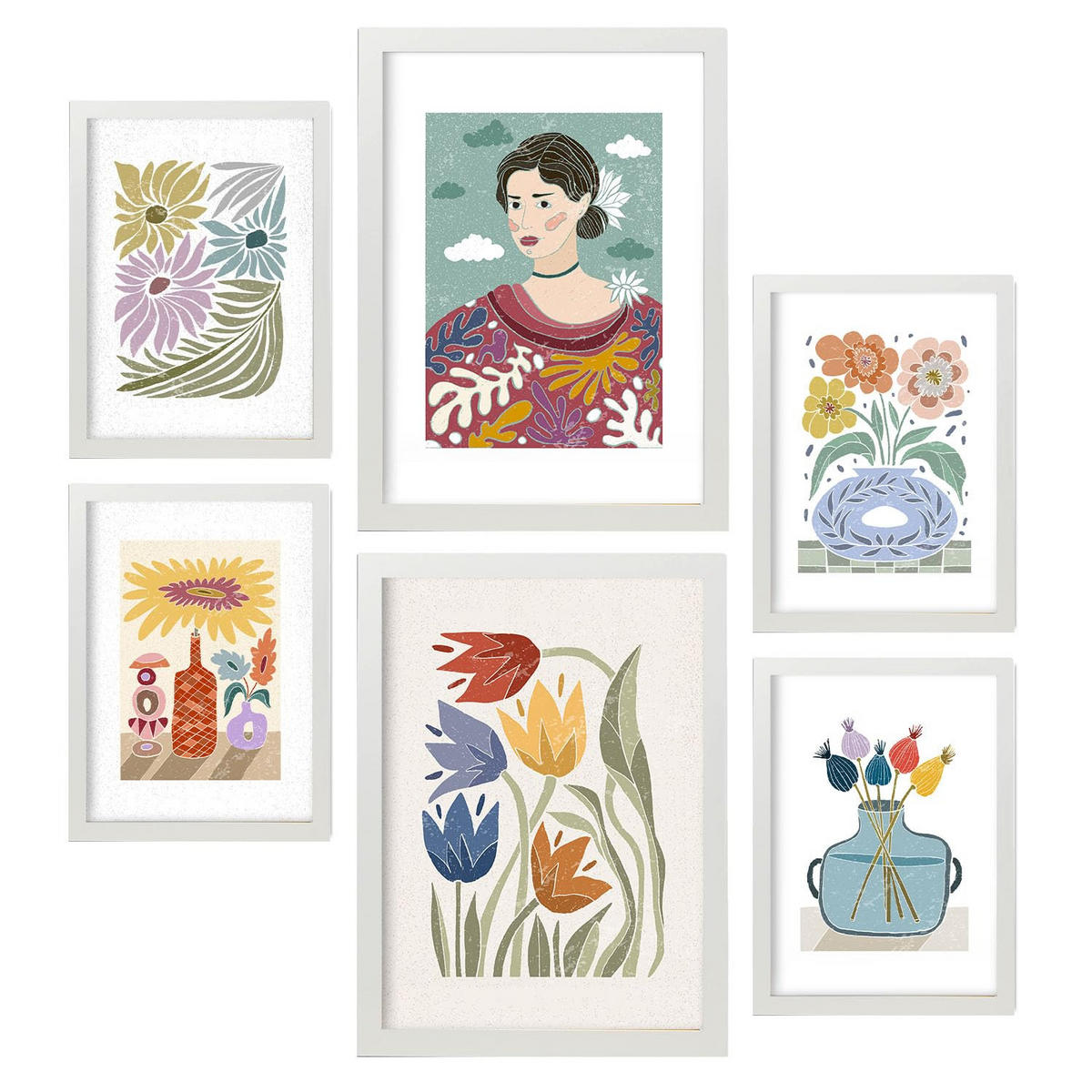 POSTER Set Mit 6 Drucken Garten In Ethnischendruckkollektionen Dekorative Rahmen Für Ihr Wohnzimmer Zuhause Wandkunstdruck A3 & A4 Weißer Rahmen - Weiß, Papier (29/3cm) - Nacnic