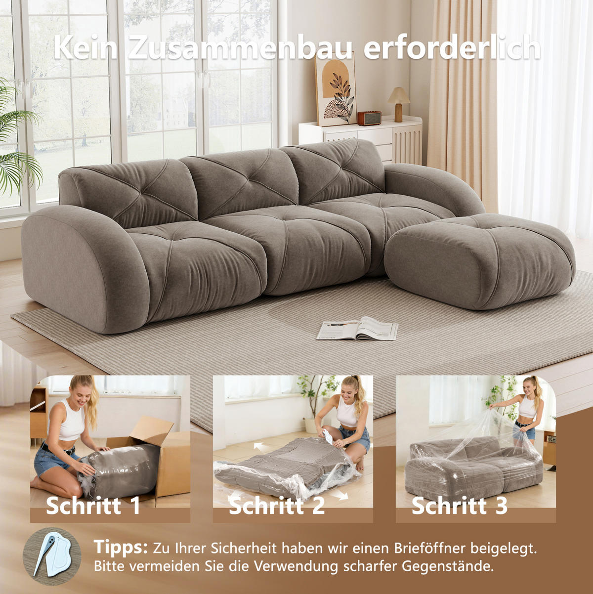 ECKSOFA in Taupe aus Chenille mit Fußstütze, ohne Montage - Taupe, Textil (171/281cm) - Flora Grace