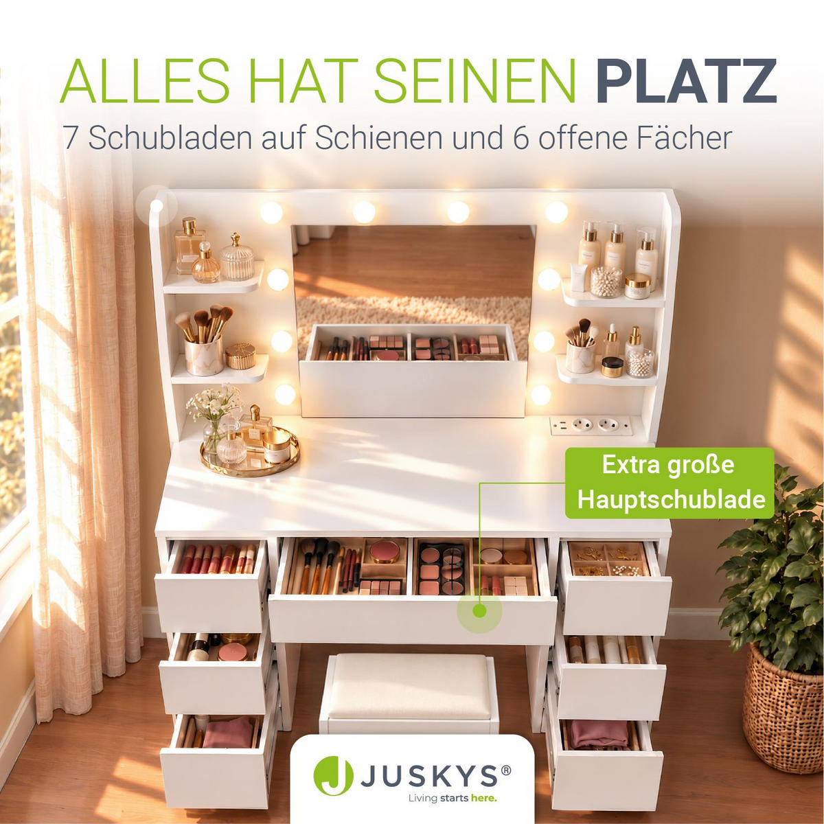 SCHMINKTISCH Malia mit LED und Hocker Melly - Weiß, Holz (107/140/40cm) - Juskys