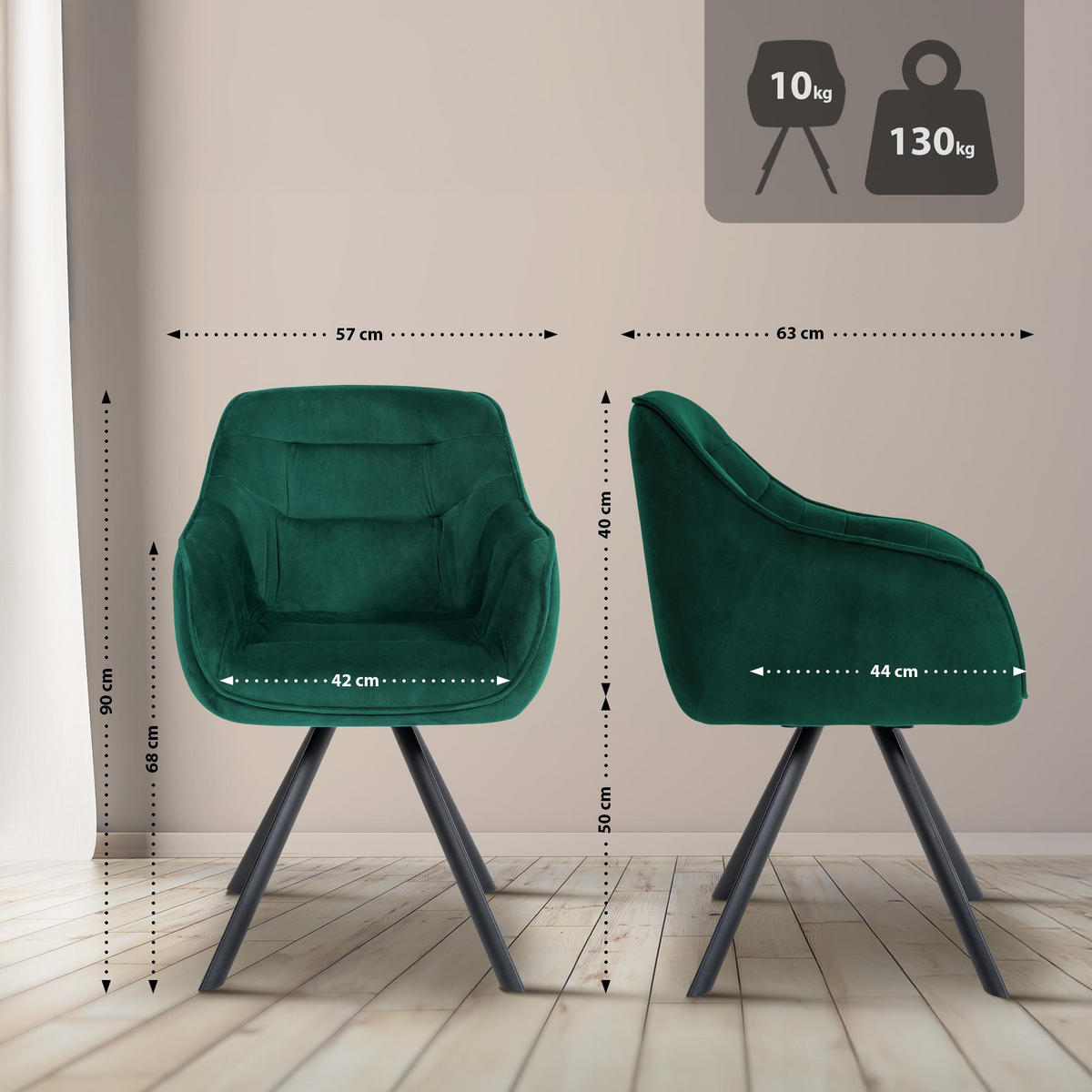 ARMLEHNENSTUHL Samt Grün - Schwarz/Grün, Textil/Metall (57/90/63cm) - CLP