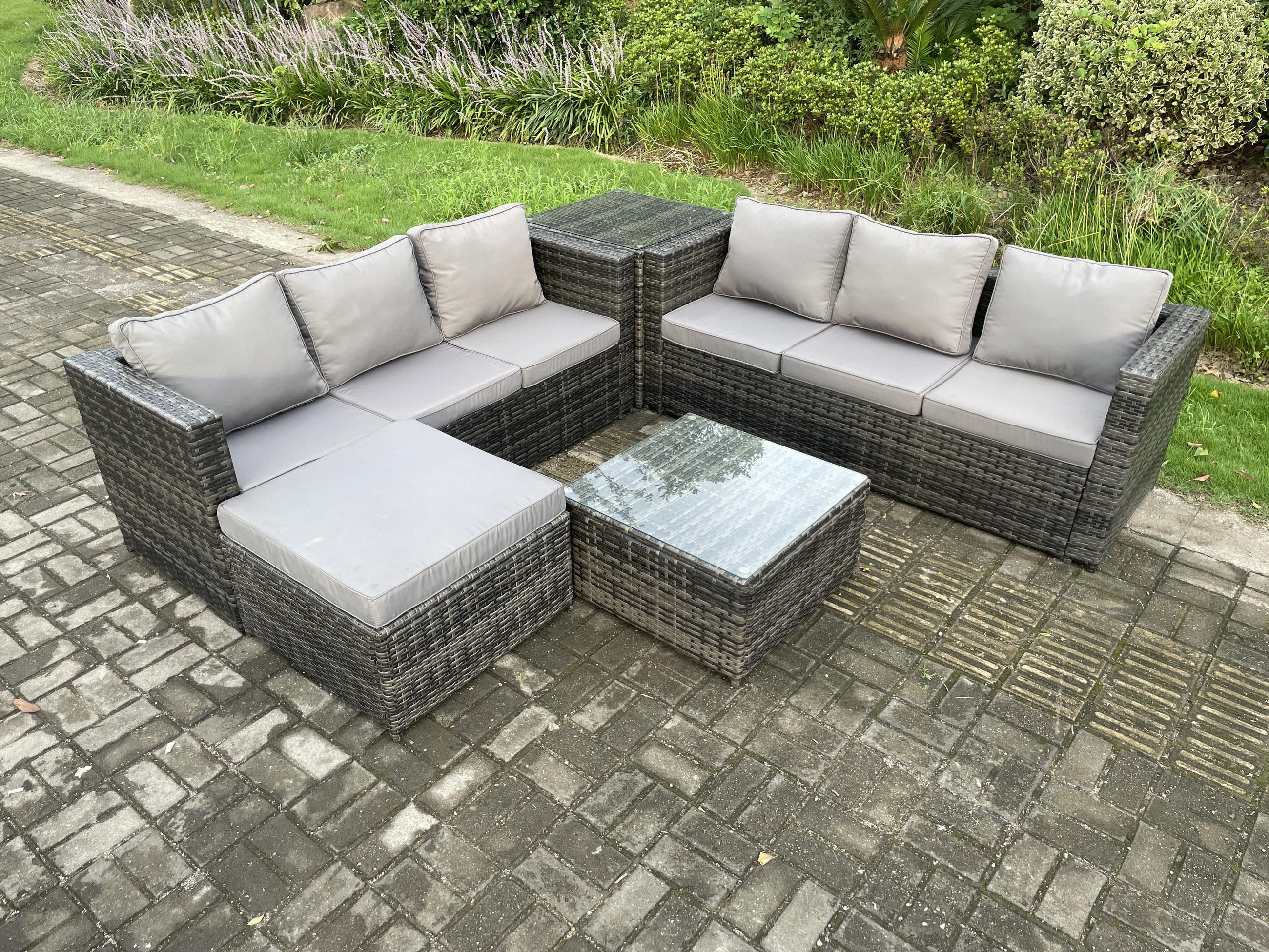 GARTENSET mit Couchtisch Polyrattan 7-Sitzer - Dunkelgrau, Metall - Fimous