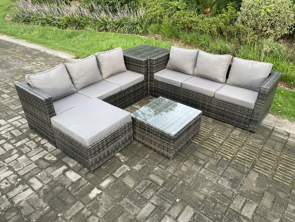 GARTENSET mit Couchtisch Polyrattan 7-Sitzer - Dunkelgrau, Metall - Fimous