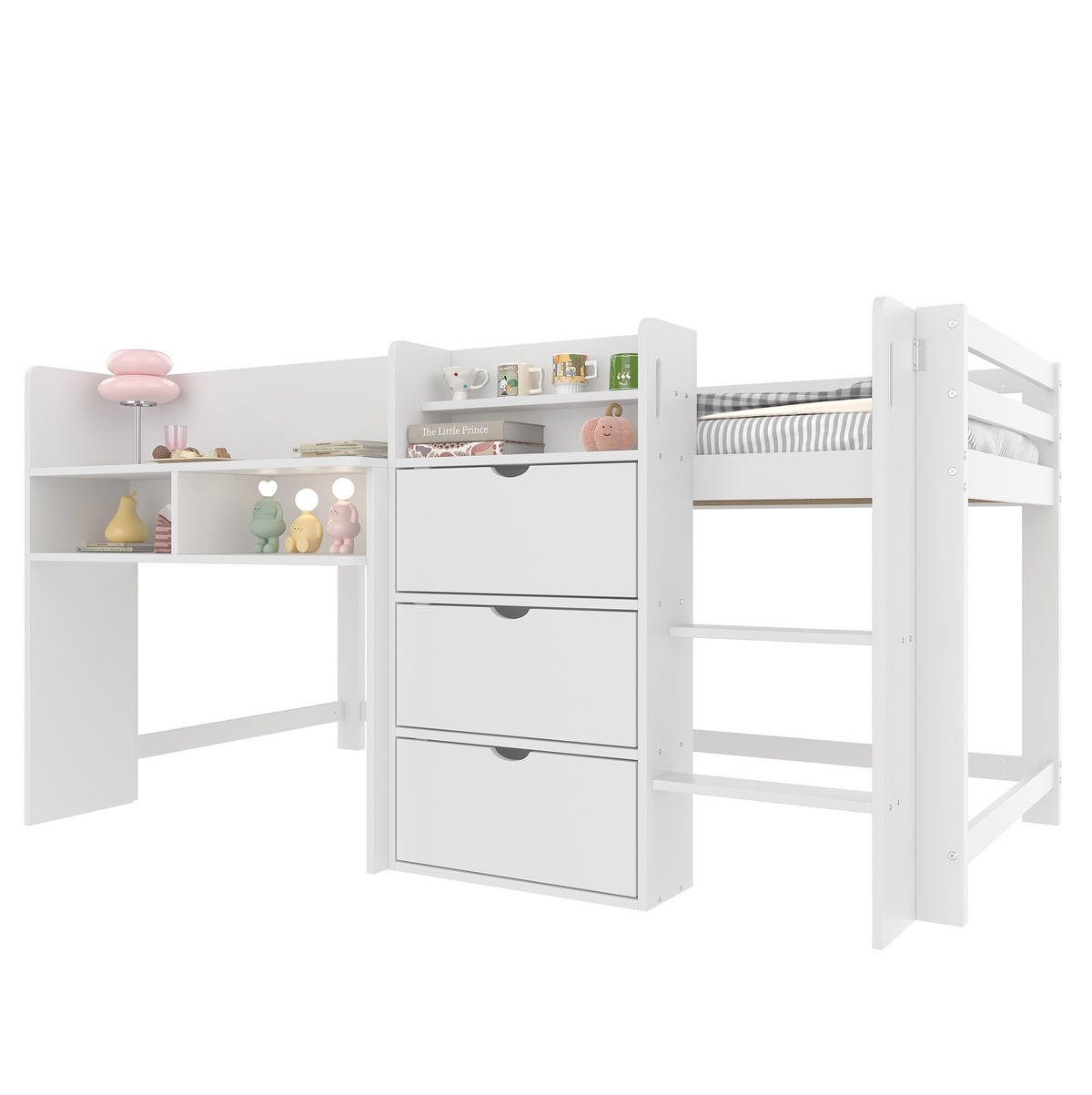 HALBHOHES BETT 90/200 cm, Weiß mit Stauraum und Regalen - Weiß, Holz (90/200cm) - MIVRAY