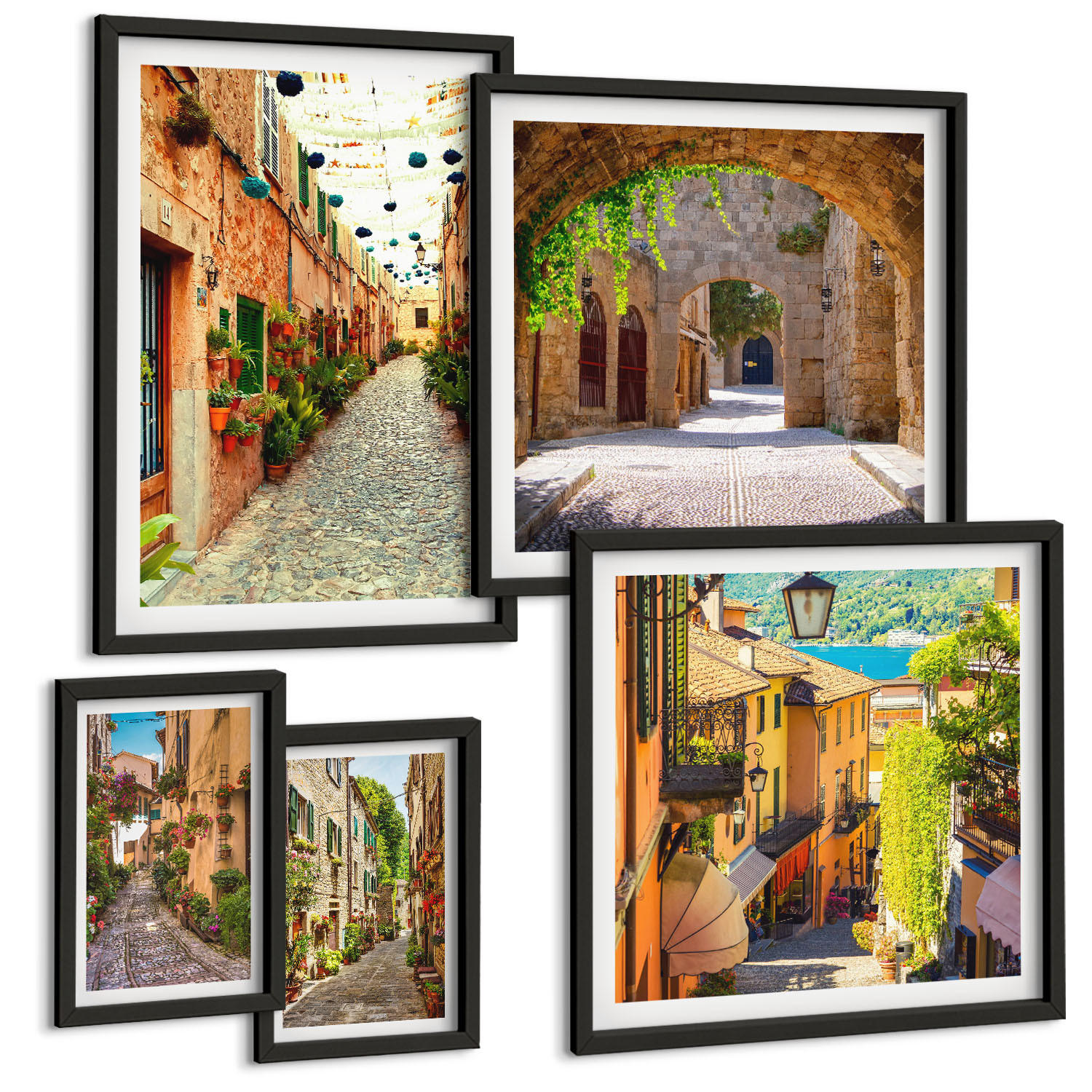 BILDER SET 5er Set - 50x50 cm & 20x30 cm & 40x60 cm Schwarzer Rahmen - Italienische Straßen, Blumen, Architektur - Schwarz, Kunststoff (40/60cm) - TULUP