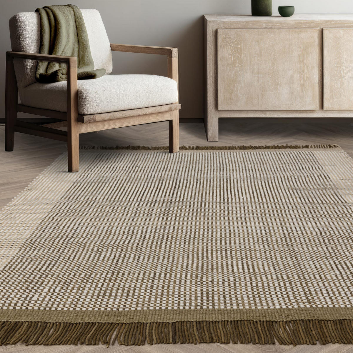 TEPPICH Wolle handgewebt mit Korbmuster Fransen PISA, Olivgrün 200x290 cm - Olivgrün, Textil (200/290cm) - KADIMA DESIGN