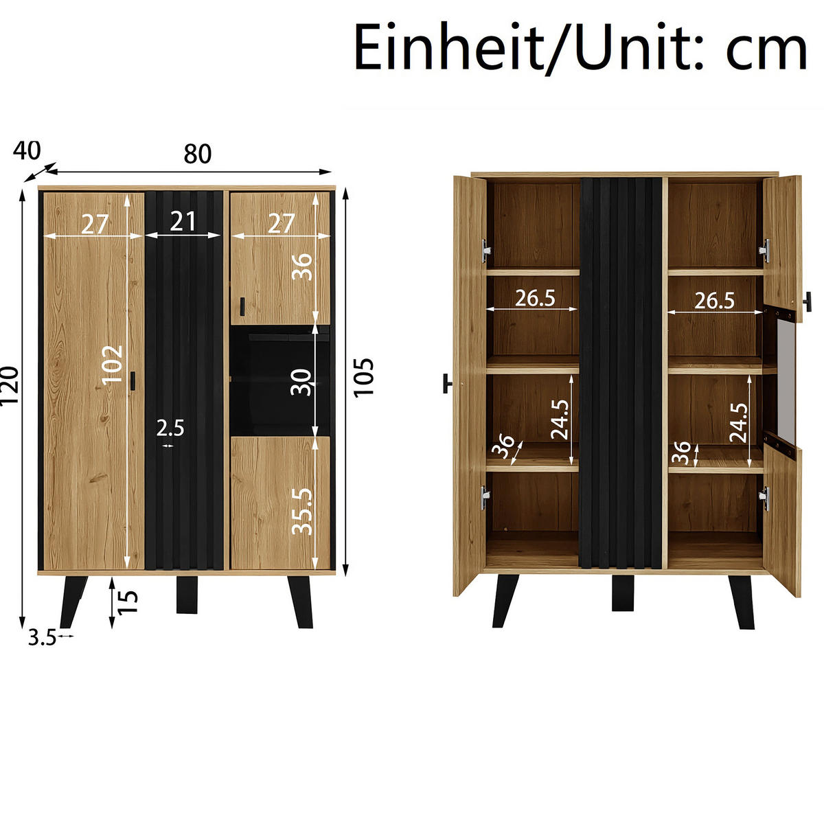 SIDEBOARD 80/120/40 cm in Holzfarben/Schwarz mit Glastüren und LED-Beleuchtung - Naturfarben, Holzwerkstoff (80/40/120cm) - Flora Grace