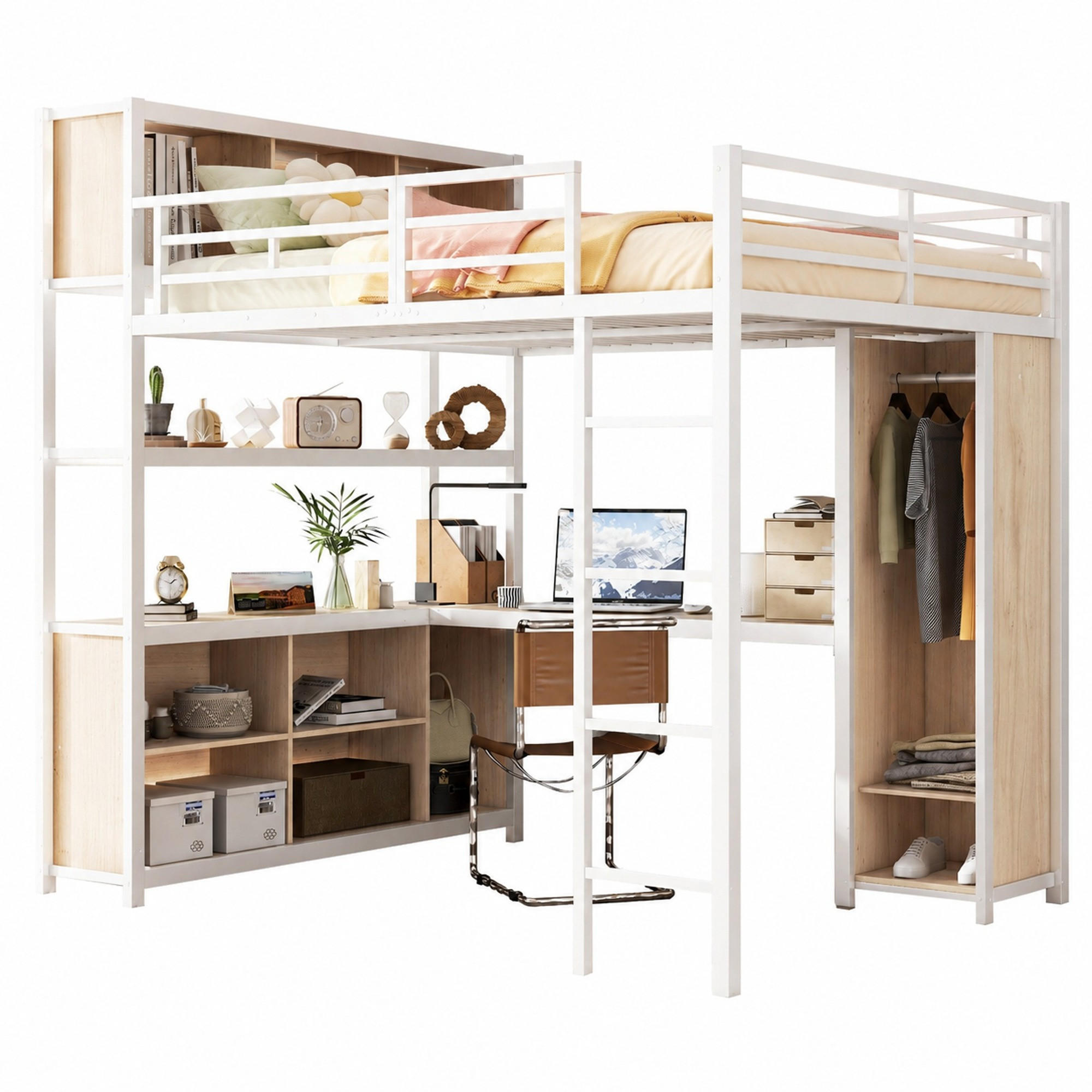 HOCHBETT 140/200 mit Schreibtisch, Kleiderschrank und Stauraum in Weiß und Natur - Weiß, Holzwerkstoff/Metall (140/200cm) - EVRYAE