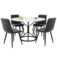 ESSTISCHSET 5-Teilig Rund 100 Cm, Weiße Tischplatte, 4 Graue Samtstühle - Schwarz, Metall (100/76/100cm) - FLIEKS