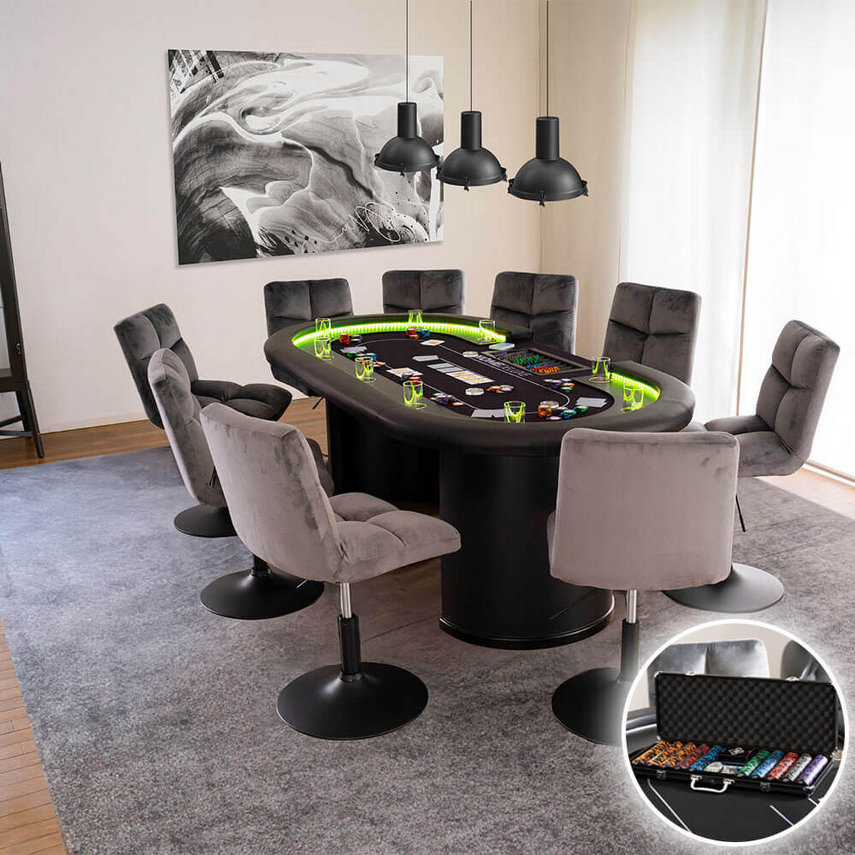 POKERTISCH LAS VEGAS - Ausstattung: 4 Stühle - Schwarz, Holzwerkstoff (215/106cm) - Home Deluxe