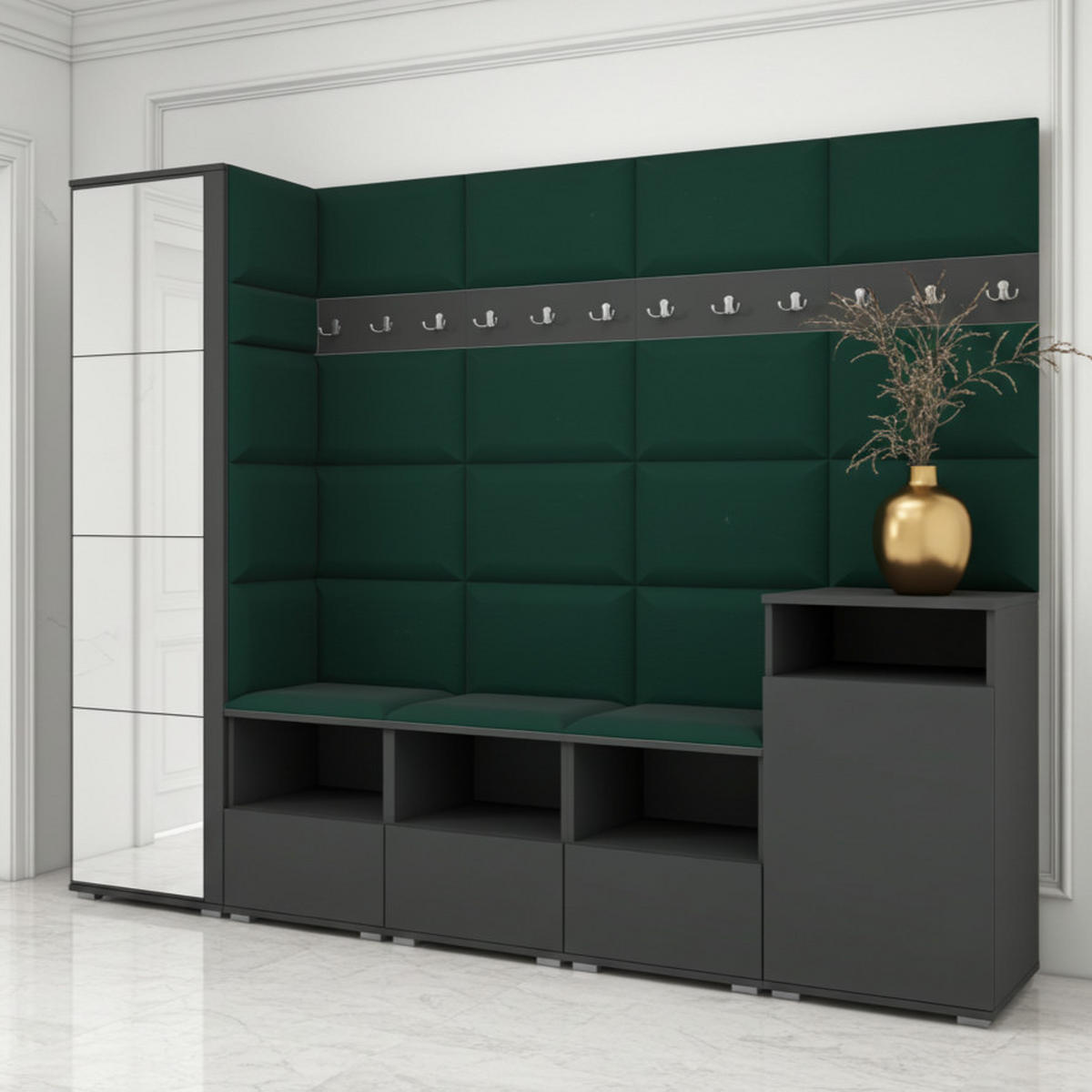 GARDEROBE NELA XI 250 cm (Modulare Flurmöbel Graphit mit Spiegel & Sitzpolster Flaschengrün 28 Großes Set) - Dunkelgrün/Silberfarben, Holz/Holzwerkstoff (250/187/40cm) - Ravio