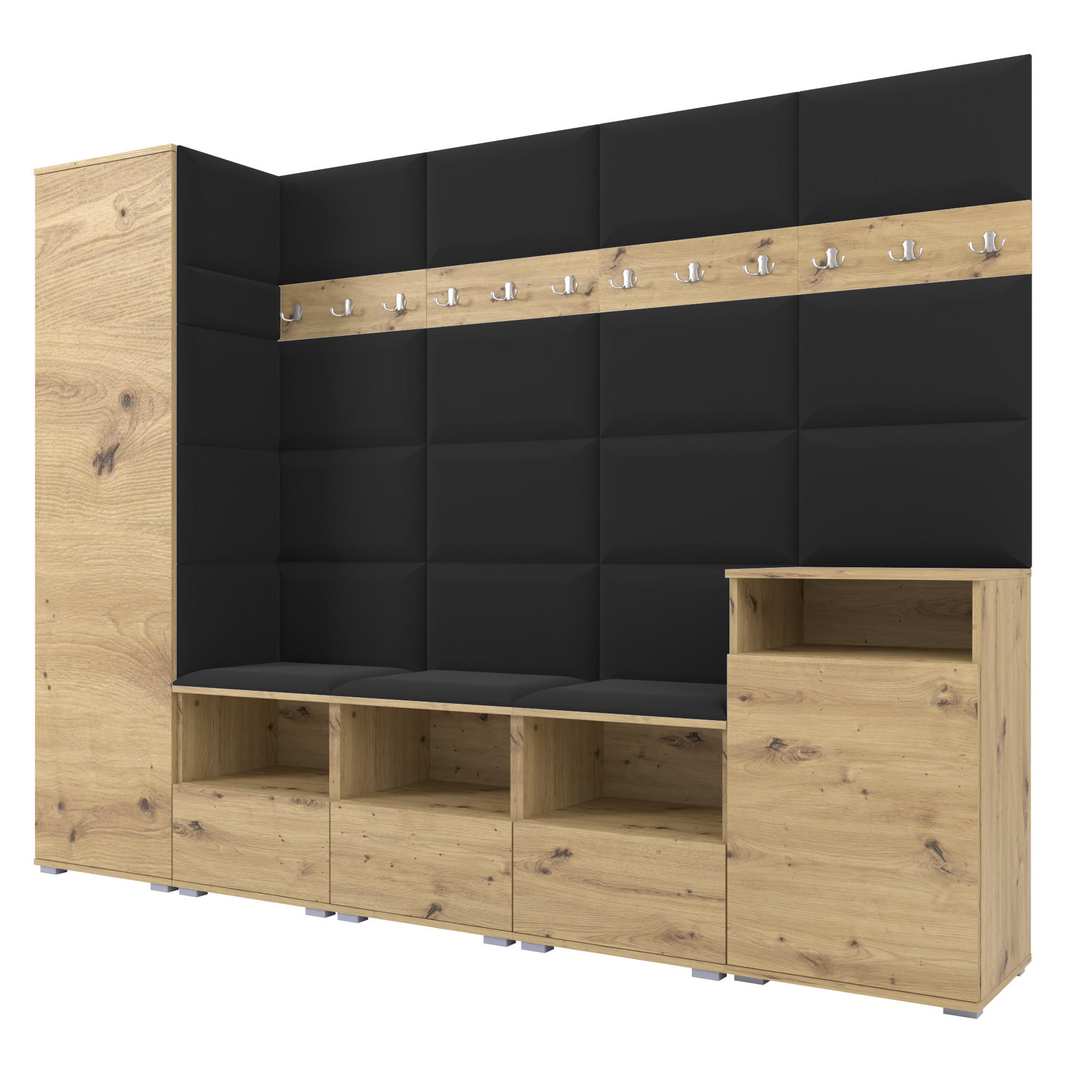GARDEROBE NELA XI 250 cm (Modulare Flurmöbel Artisan Eiche mit Sitzpolster Schwarz 16 Großes Set) - Silberfarben/Schwarz, Holz/Holzwerkstoff (250/187/40cm) - Ravio