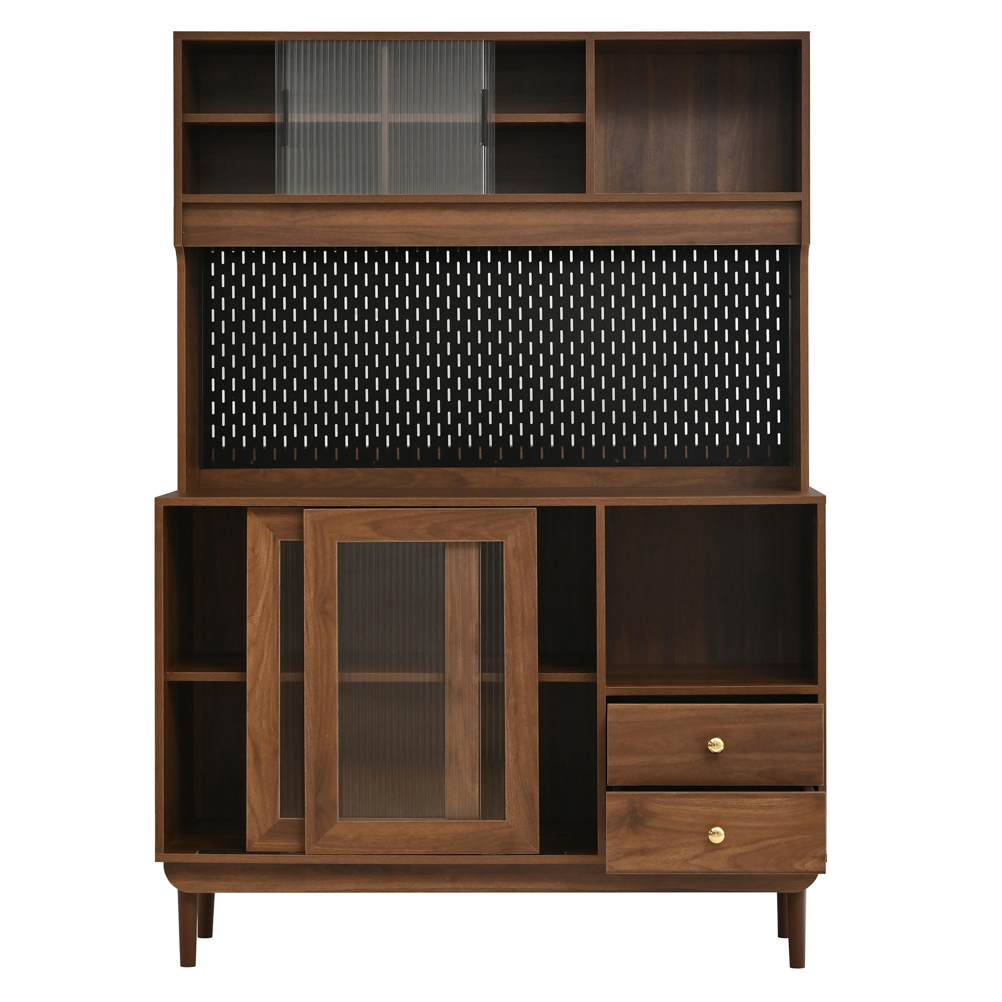 BUFFET DE-38332 117/30/170 cm mit Riffelglas-Schiebetüren und Lochplatte Nussbaum - Walnussfarben, Holzwerkstoff (117/170/30cm) - ComfortXL