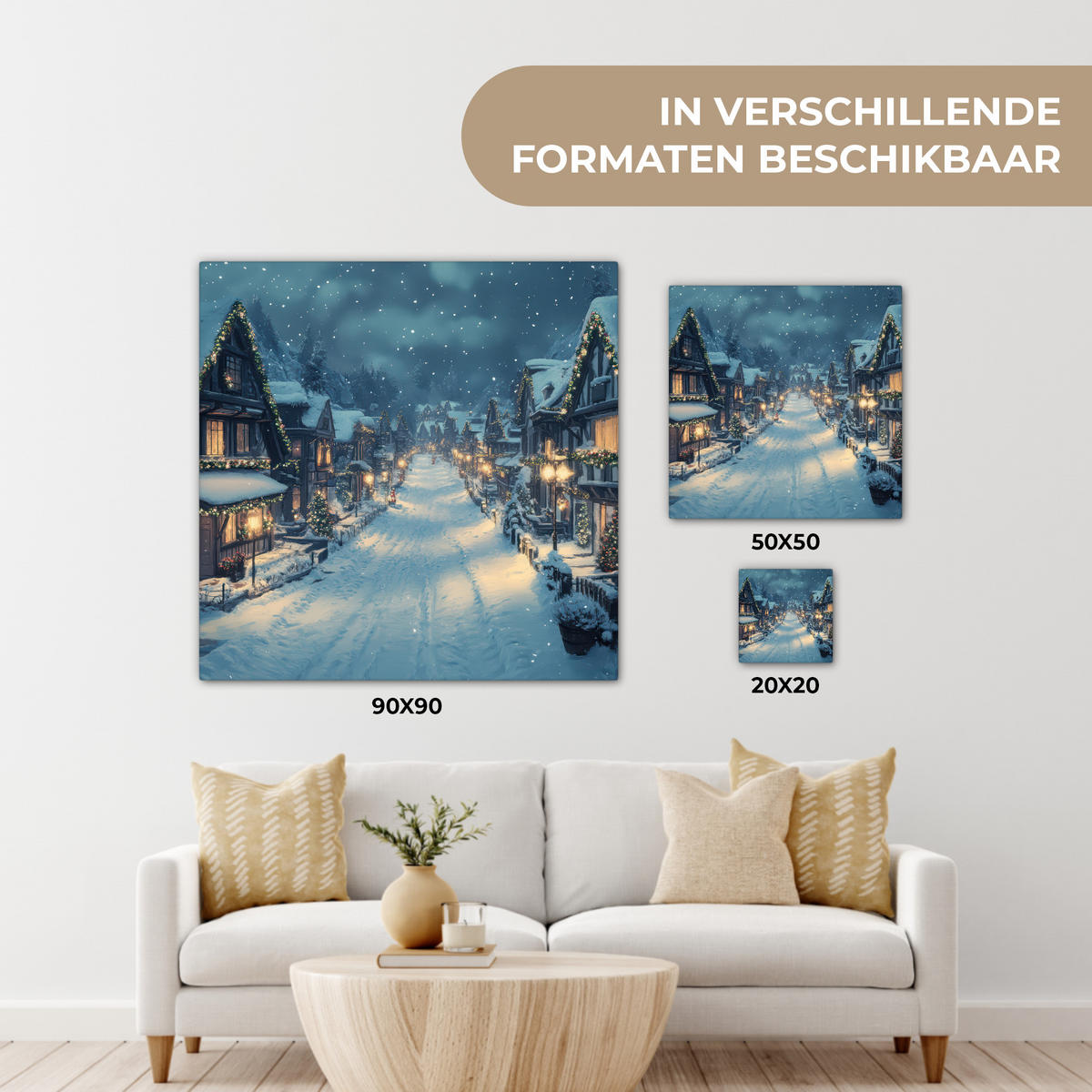 LEINWANDBILD Weihnachtsdorf - Weihnachten - Schnee - Winter Deko Wohnzimmer 20x20 cm - Dunkelblau, Textil (20/20cm) - MuchoWow