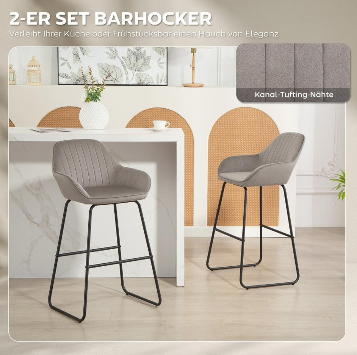 BARHOCKER 2er-Set mit Armlehnen 50,5 x 53 x 96 cm Polyester Grau - Grau, Metall (50.5/96/53cm) - Meubliv