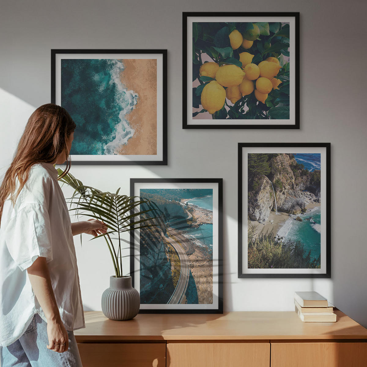 WANDBILDER 4er-Set - 50x50 cm & 40x60 cm Schwarzer Rahmen - Meerstrand Zitronen Berge - Schwarz, Kunststoff (50/50cm) - ArtPrintCave