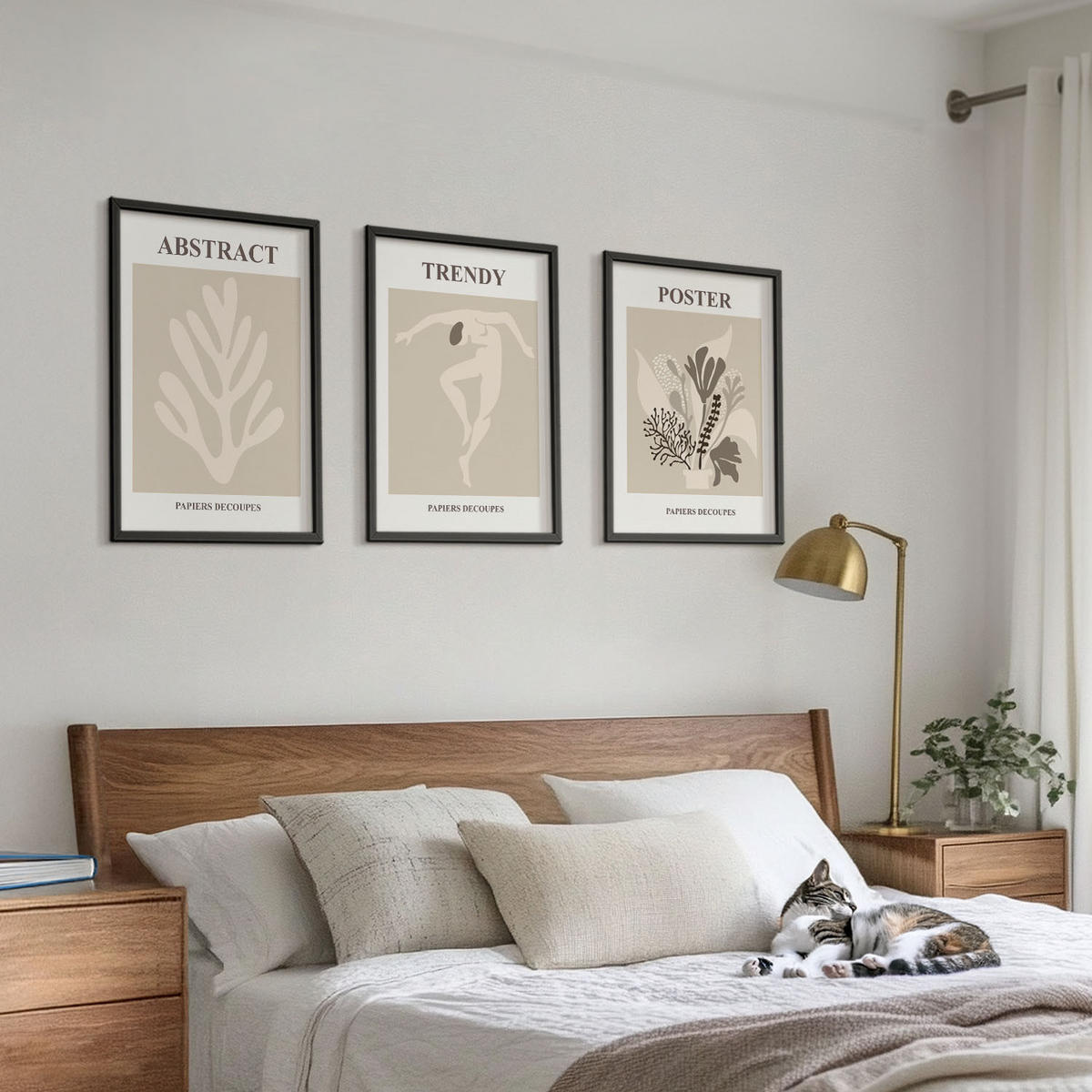BILDER SET 3er Set - 40x60 cm Schwarzer Rahmen - Blumenmuster beige braun - Schwarz, Kunststoff (40/60cm) - TULUP