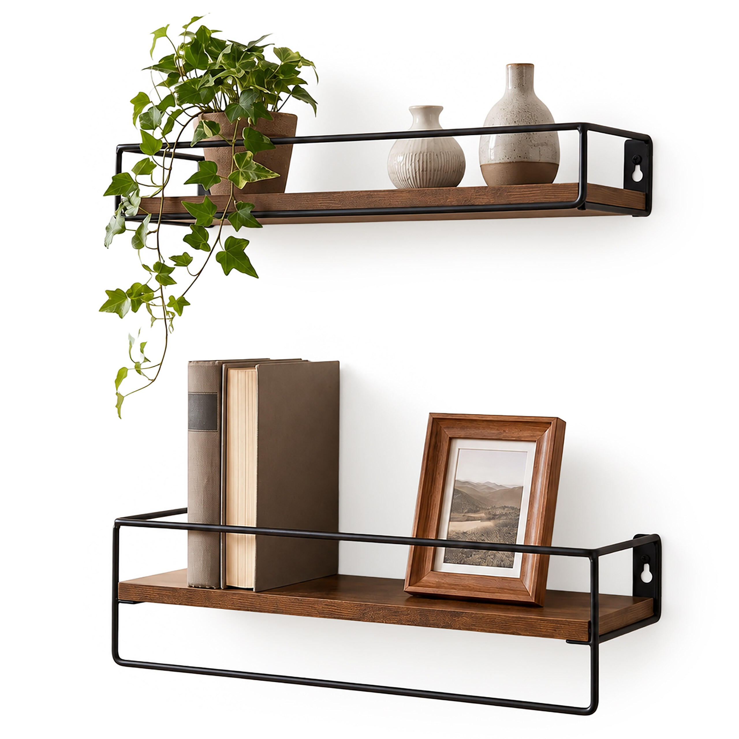 WANDREGAL Vintagebraun 2er-Set mit Metallstange - Braun, Holzwerkstoff/Metall (40/9/15.5cm) - Relaxdays