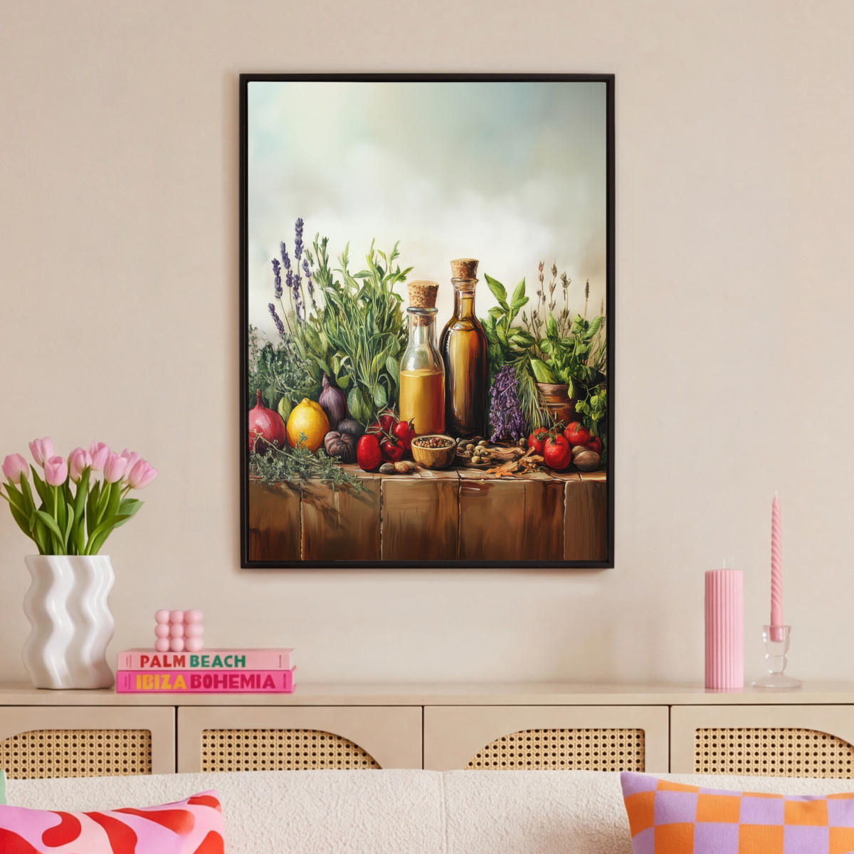 LEINWAND Bilder mit Rahmen - Stilleben - Kräuter - Gewürze - Früchte - Farbenfroh - 70x100 - Grün, Textil (70/100cm) - MuchoWow