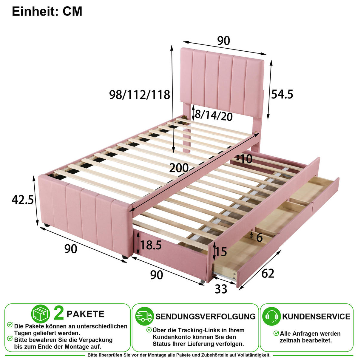 POLSTERBETT 90/200 cm & 90/190 cm in Rosa mit Rollbett und 3 Schubladen - Rosa, Holzwerkstoff/Textil (90/200cm) - CHICFURN