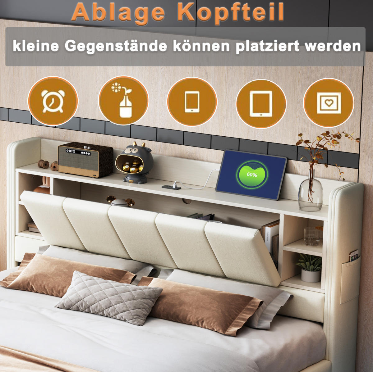 ČALÚNENÁ posteľ 140x200 cm z MDF, preglejky a ľanovej látky béžová s LED osvetlením, USB portom a úložným priestorom - béžová, textil (140/200cm) - Modfu