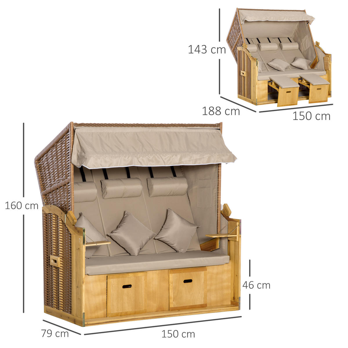 STRANDKORB, 3-Sitzer Sonnenliege mit Dach, 2 Klapptischen, XXL Polyrattan, Natur - Naturfarben, Metall (79/160/150cm) - Outsunny