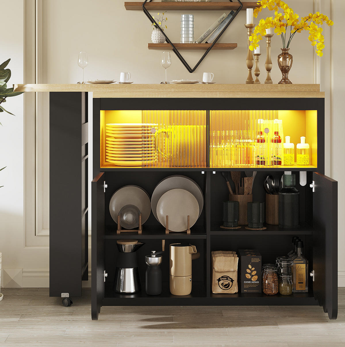 AUSZIEHBARER Bartisch mit LED & Stauraum, 135-205/39/100 cm, Schwarz, mit USB-Anschluss - Schwarz, Holzwerkstoff (39/100/135cm) - Redom